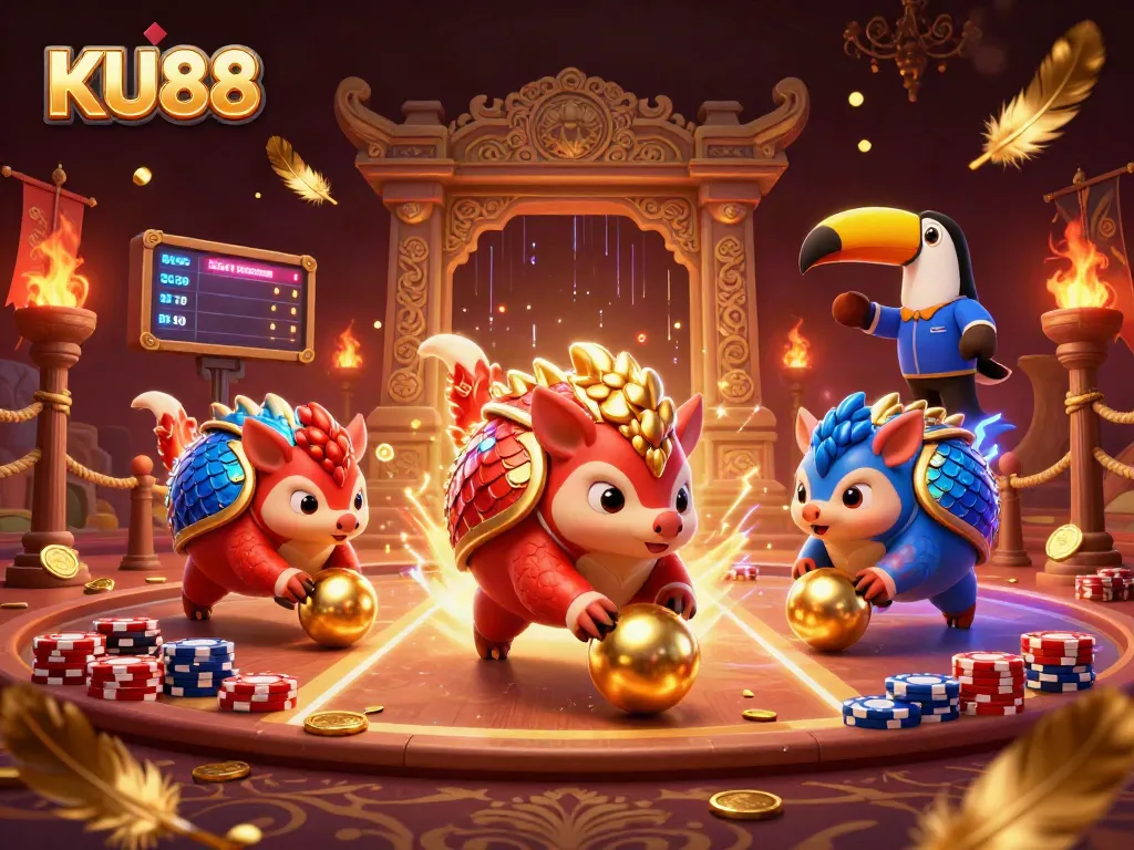 KU88 engages players with vibrant pangolins in a thrilling casino showdown with golden elements.