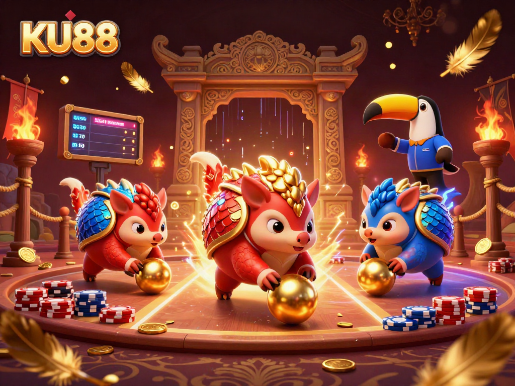 KU88 engages players with vibrant pangolins in a thrilling casino showdown with golden elements.
