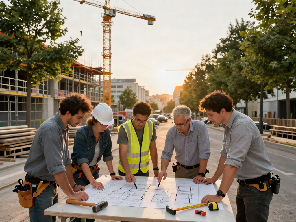 Bauunternehmen Wien: Team von Bauarbeitern bespricht Pläne auf modernem Baustellenstandort in Wien.