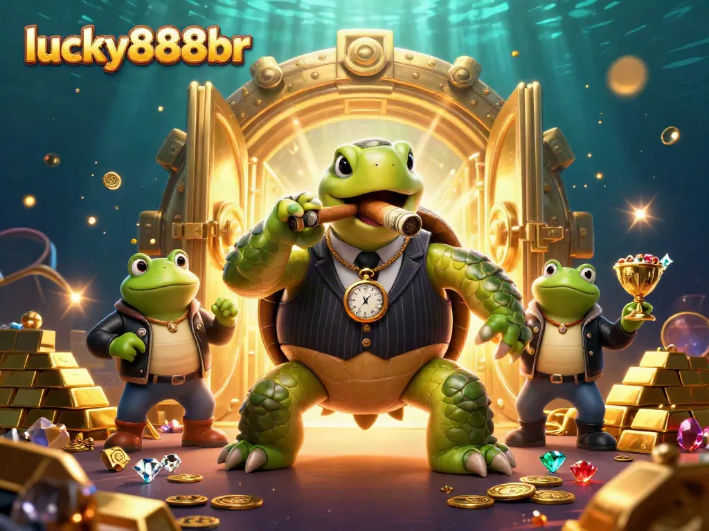 Experience thrilling gameplay with lucky888br featuring a 3D turtle mobster and bullfrogs in a bustling casino scene.