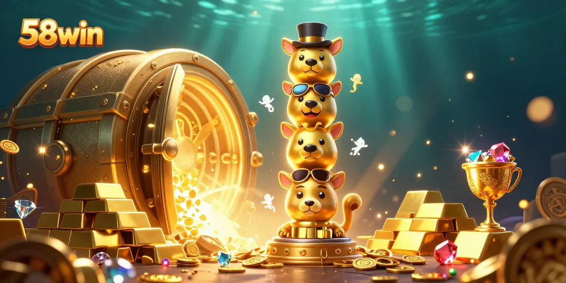 Experience the excitement at 58win with vibrant 3D illustrations of a golden totem and treasures.