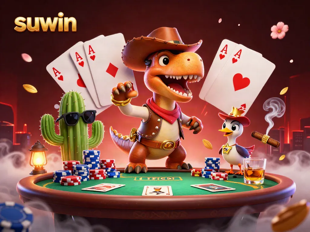 Experience thrilling excitement at suwin's vibrant casino scene featuring playful characters and poker elements.