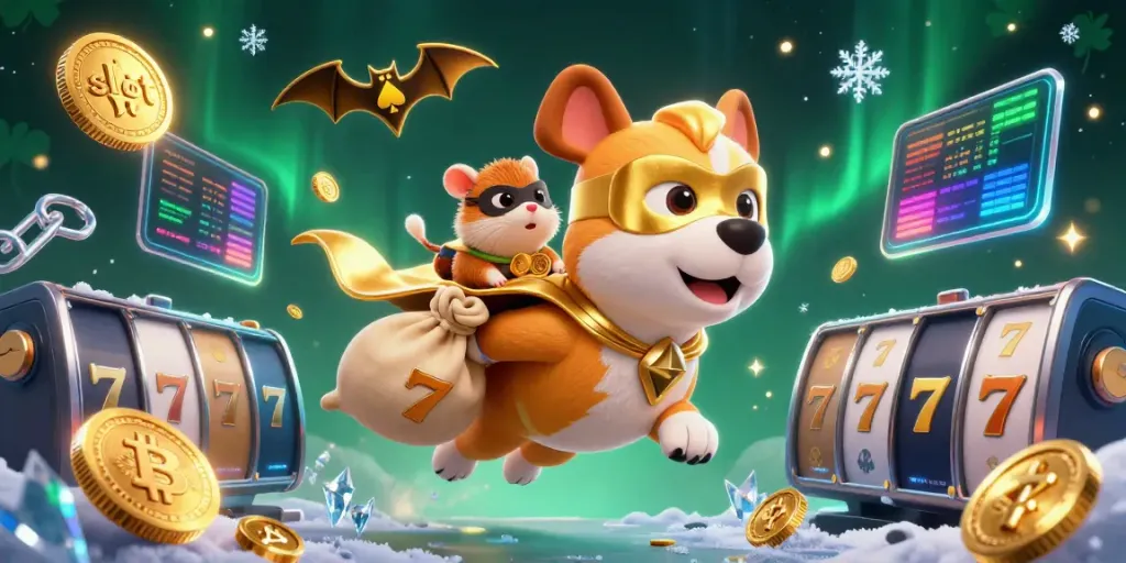 Spin the slot reels with a superhero dog and hamster, winning time in a dynamic casino atmosphere.