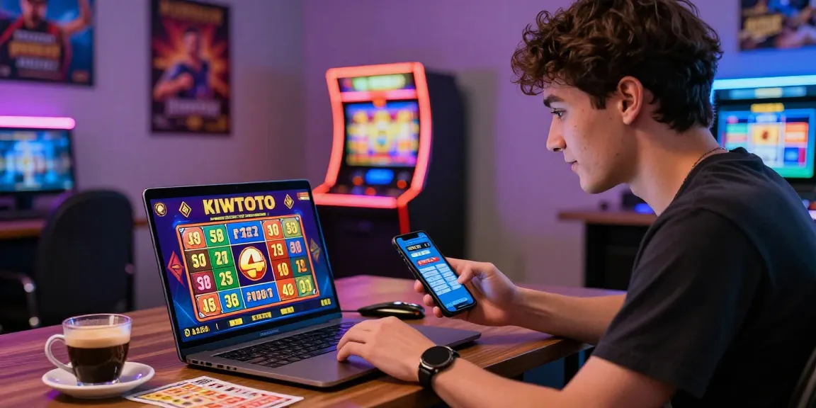 Pengalaman bermain judi online di KIWTOTO dengan pengguna fokus pada laptop dan smartphone, dikelilingi grafis lotere 4D yang cerah.