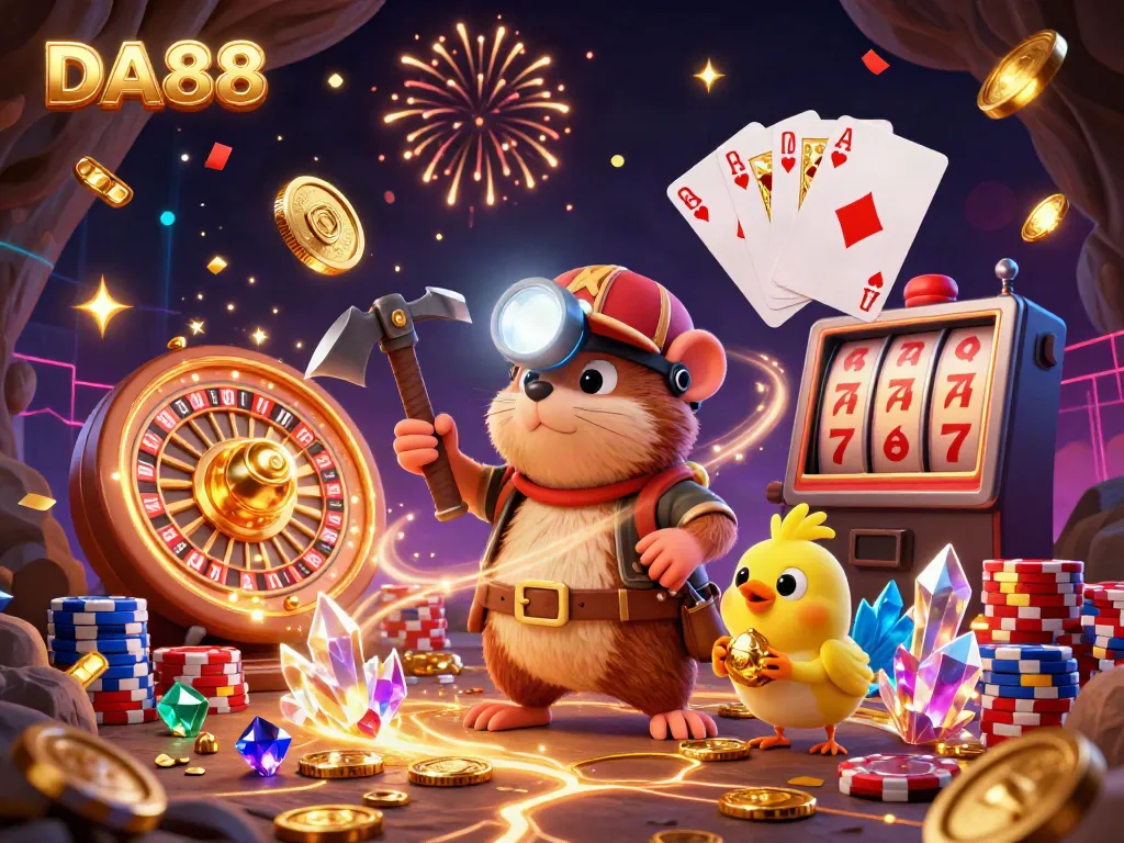 Experience the excitement of gambling with DA88, featuring animated treasure hunter mole amidst sparkling gems and casino elements.