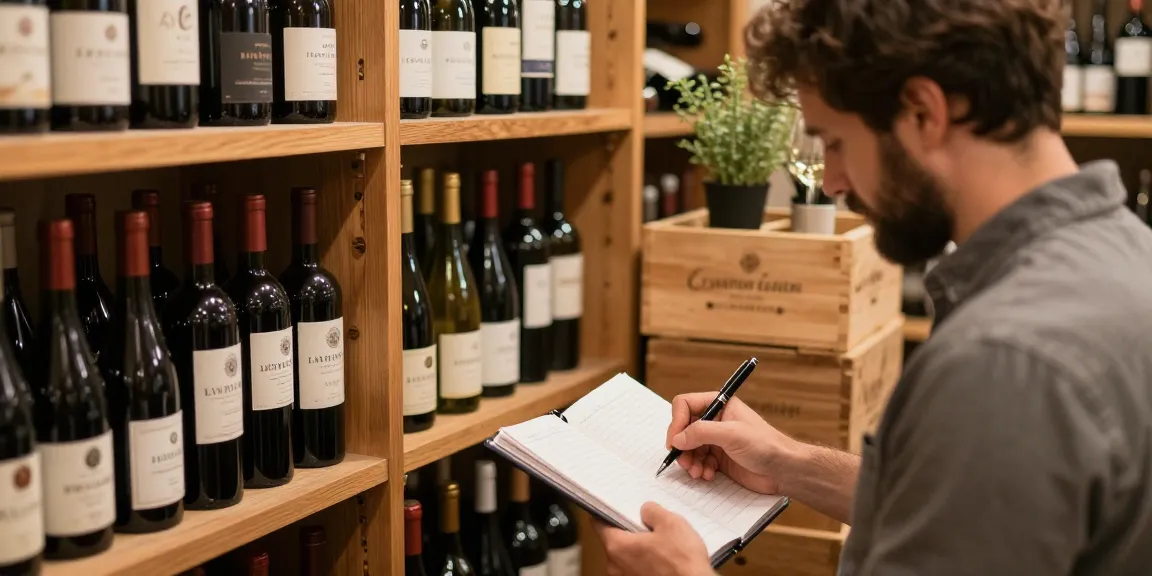 Ein Weinliebhaber erforscht Weinflaschen in einer gemütlichen Weinsammlung, während er Weinmessen Termine notiert.