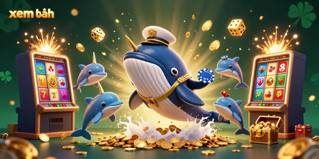 Experience a vibrant casino adventure with the xem thêm whale and friends amidst slot machines and coins.