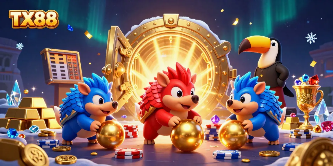 Engage with the exciting TX88 gaming world as rival pangolins roll into golden balls amid a vibrant casino atmosphere.