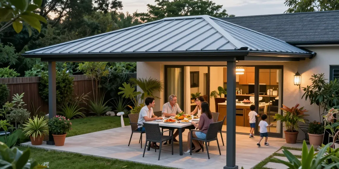 Moderne Terrassenüberdachung mit Familie, die im Garten ein Essen genießt.