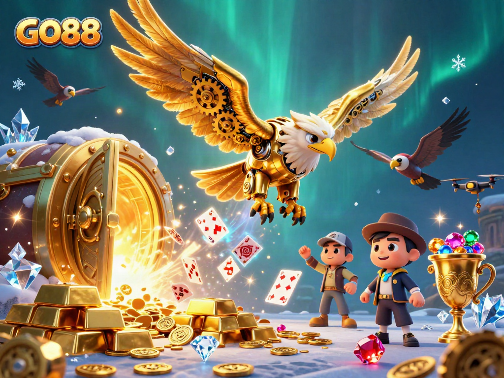 Experience GO88’s dazzling casino adventure with a cybernetic eagle amidst a treasure trove.