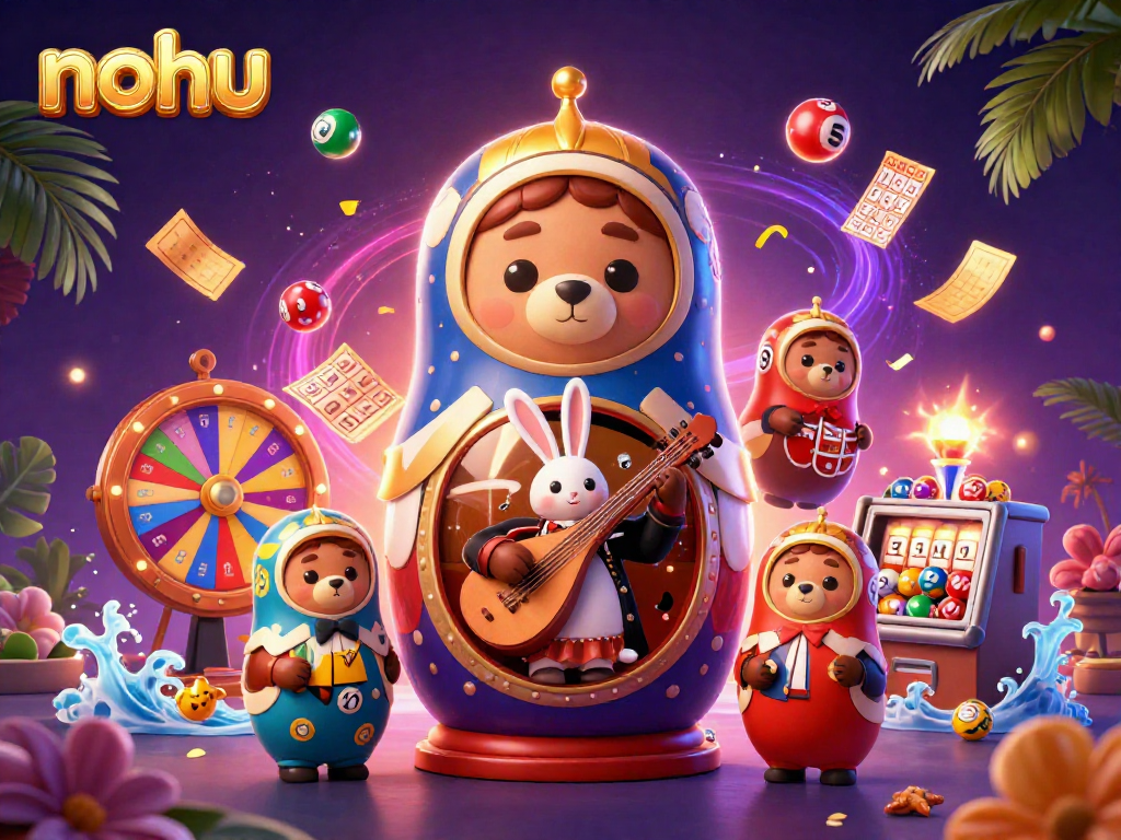 Nohu's exciting gambling scene with a 3D Matryoshka bear and colorful lottery elements.