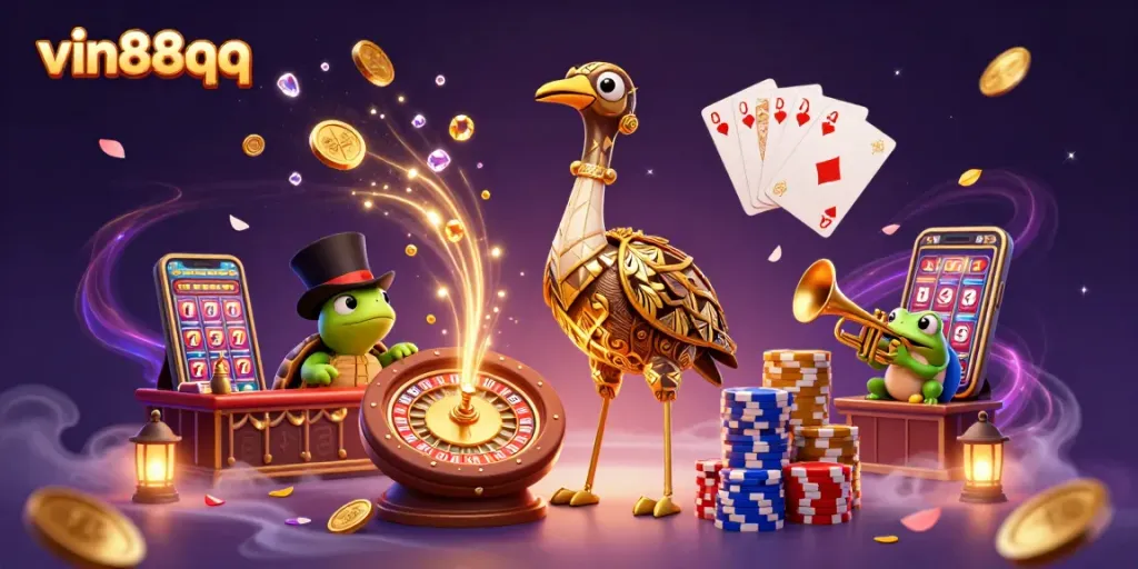 Win big at vin88qq with this vibrant casino scene showcasing fun characters and dynamic gaming elements.