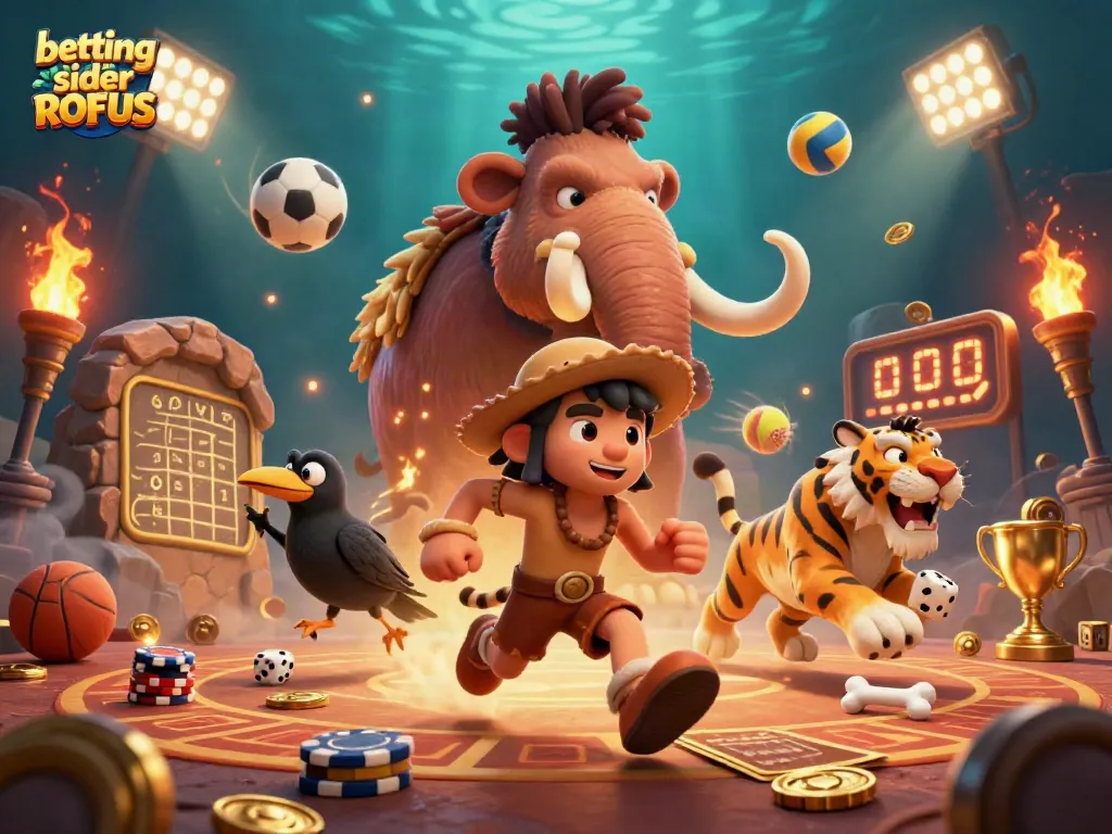 Experience thrilling betting sider uden ROFUS in a vibrant prehistoric casino scene with lively sports elements.