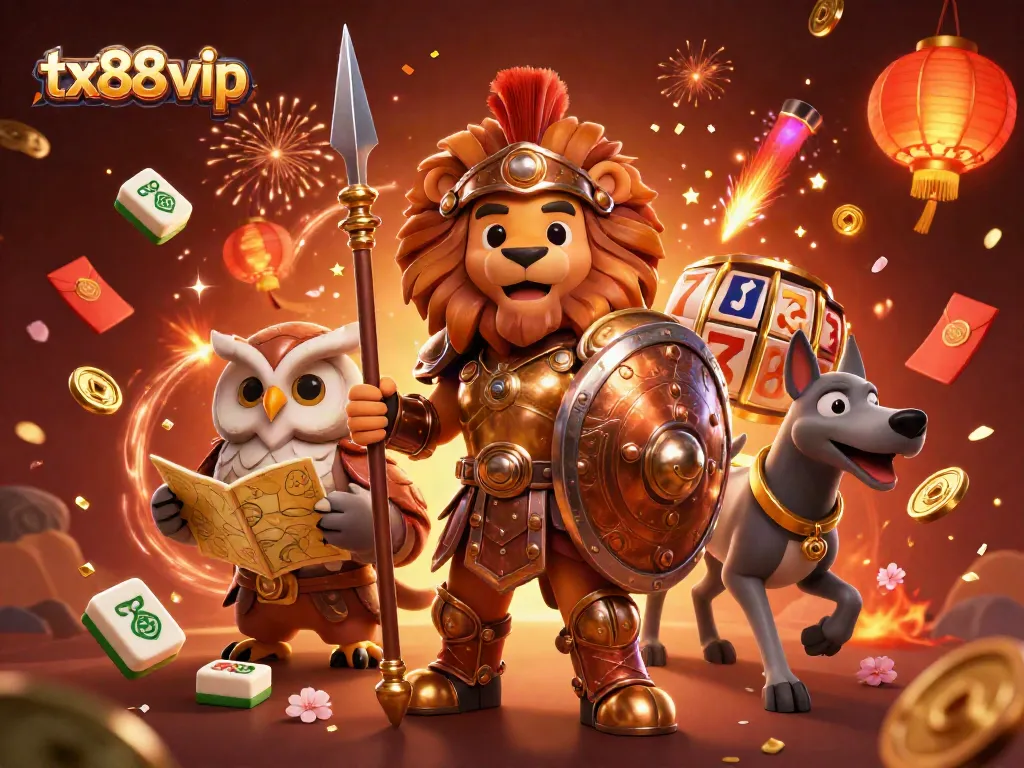 Engage with tx88 vip and experience a vivid casino scene featuring a Spartan lion, owl strategist, and greyhound messenger.