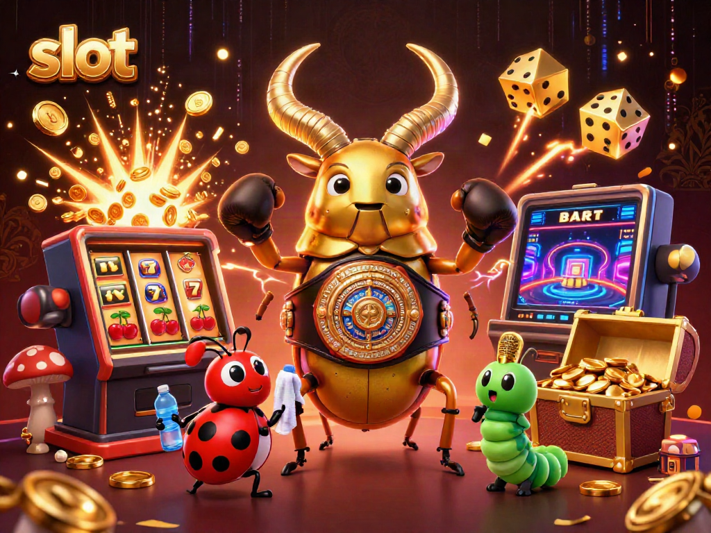 Engage with slots featuring golden stag beetle, jackpot bursting with coins and casino symbols
