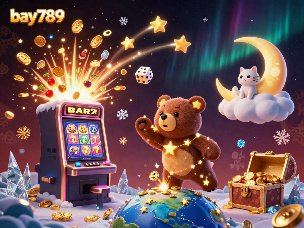 Experience the thrill of bay789 as golden stars and coins unite in this dazzling 3D casino scene.