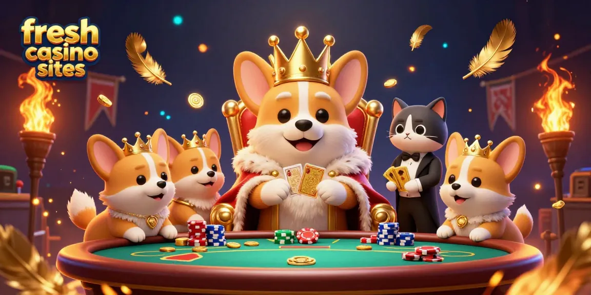 Play at fresh casino sites with a royal corgi king and dynamic poker scene.