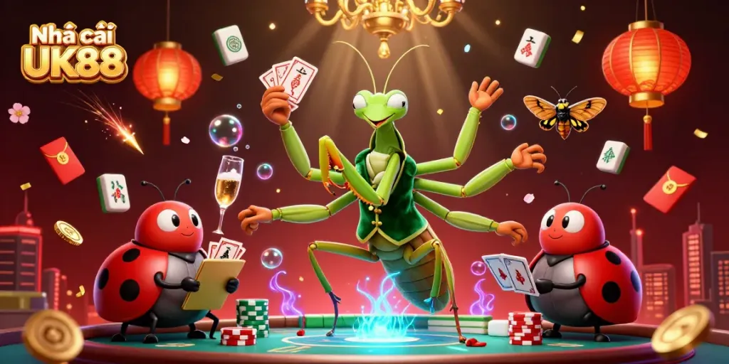 Experience the vibrant energy of Nhà cái UK88 with this lively 3D illustration featuring futuristic casino elements.