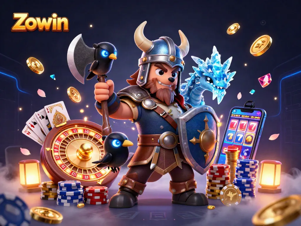Zowin's Viking warrior with dragon and raven celebrating wins with dynamic casino elements.