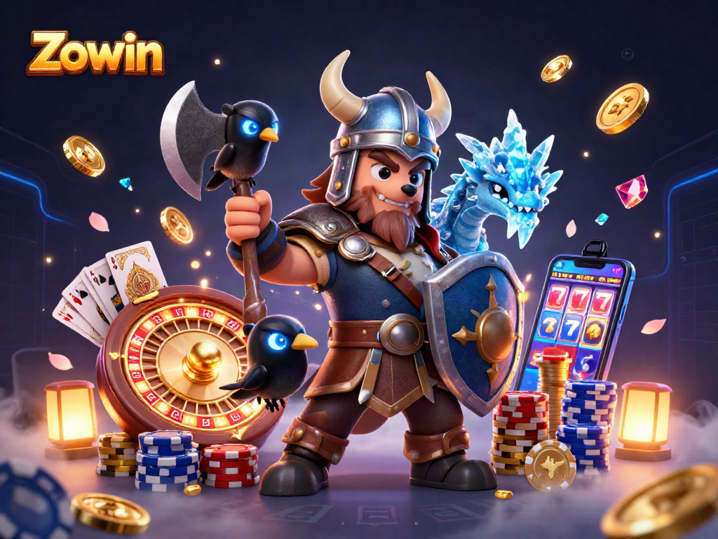 Zowin's Viking warrior with dragon and raven celebrating wins with dynamic casino elements.