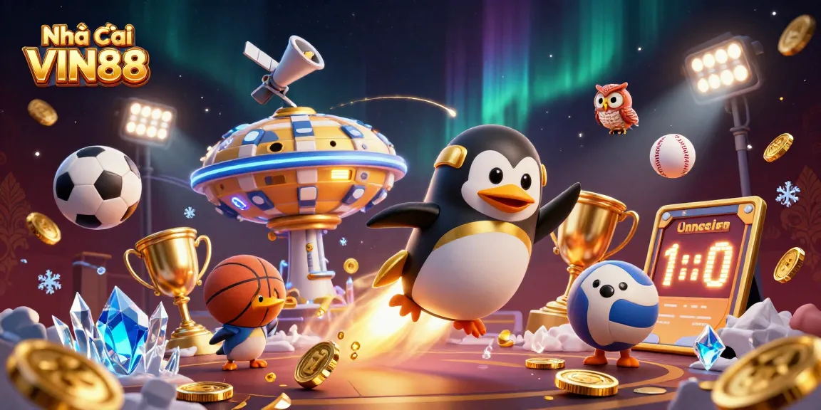 Experience action at Nhà cái VIN88's casino space with a golden penguin and sports elements.