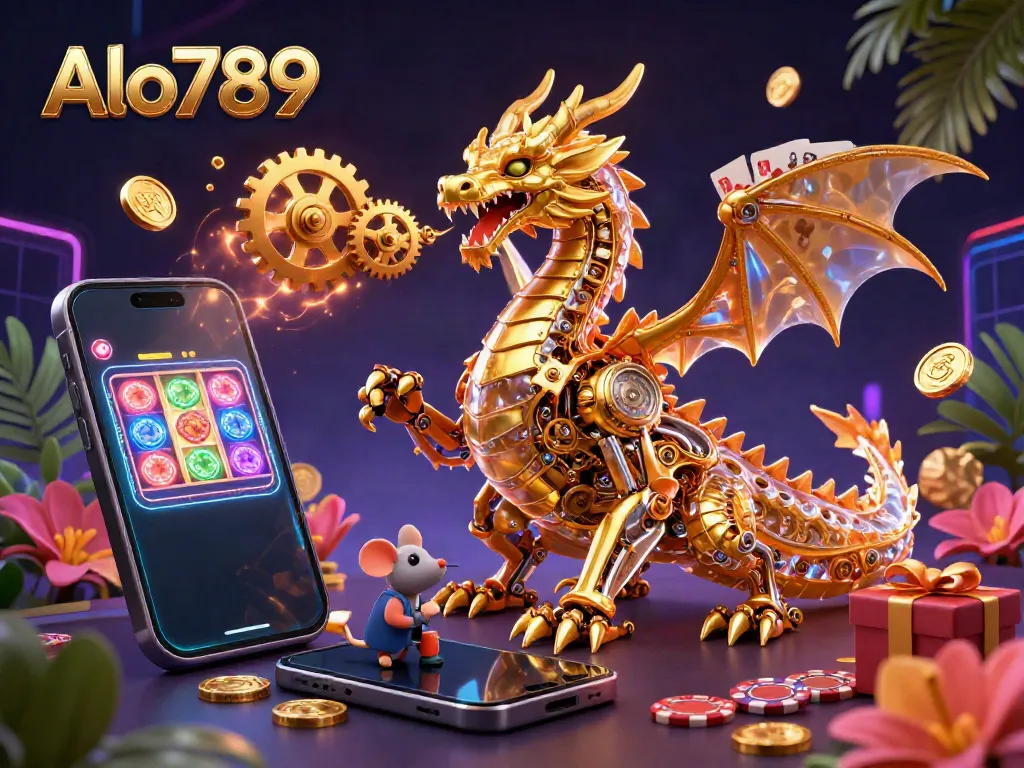 Alo789's golden dragon and engineer add excitement in this vibrant gambling-themed illustration.