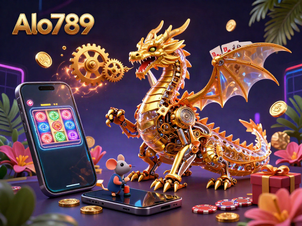 Alo789's golden dragon and engineer add excitement in this vibrant gambling-themed illustration.