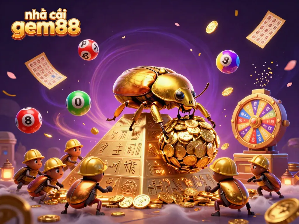 Experience the thrill of nhà cái gem88 with a vibrant scene of golden beetles and casino symbols.
