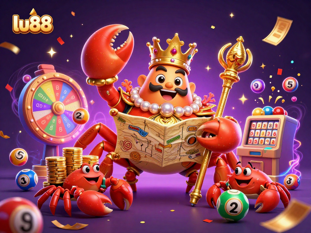 Join the fun at lu88 with an exciting lottery-themed scene featuring a golden crab and colorful game elements.