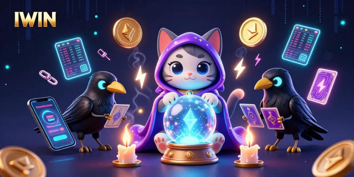 IWIN offers a vibrant casino experience with mystical characters and glowing crypto elements.