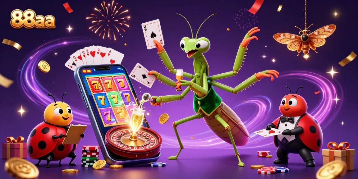 88aa casino scene featuring a mantis card sharp, ladybug pit boss with vibrant slot games.
