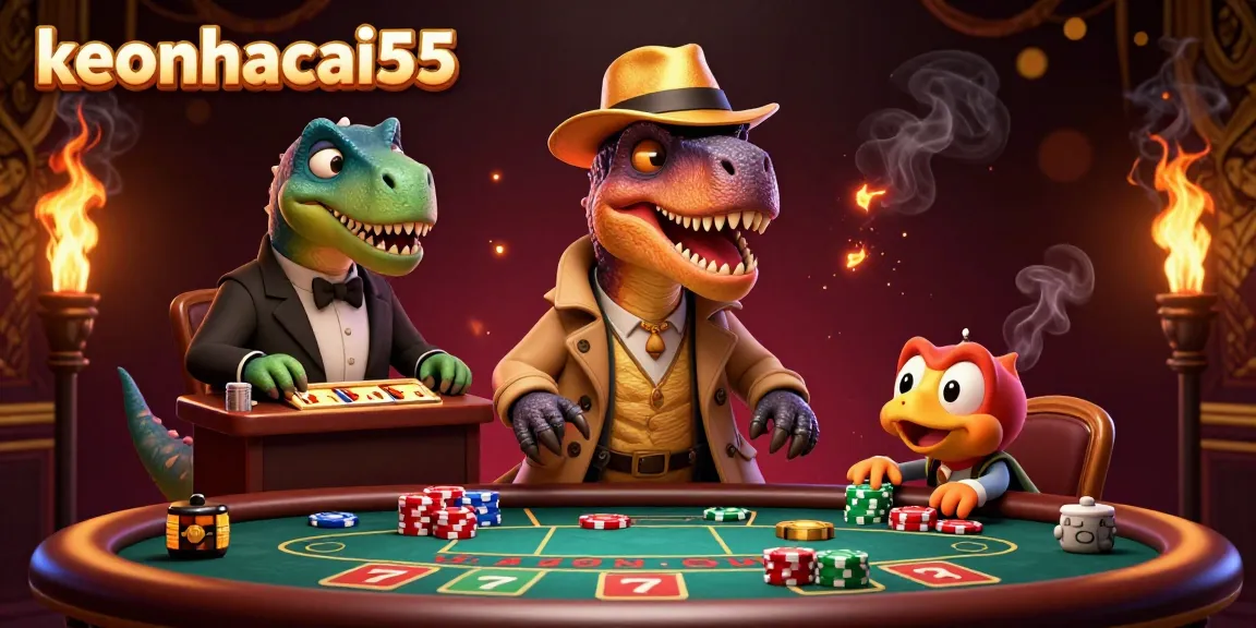 Engage with keonhacai55's thrilling casino action featuring a velociraptor card counter and stegosaurus boss amidst vibrant slot games.
