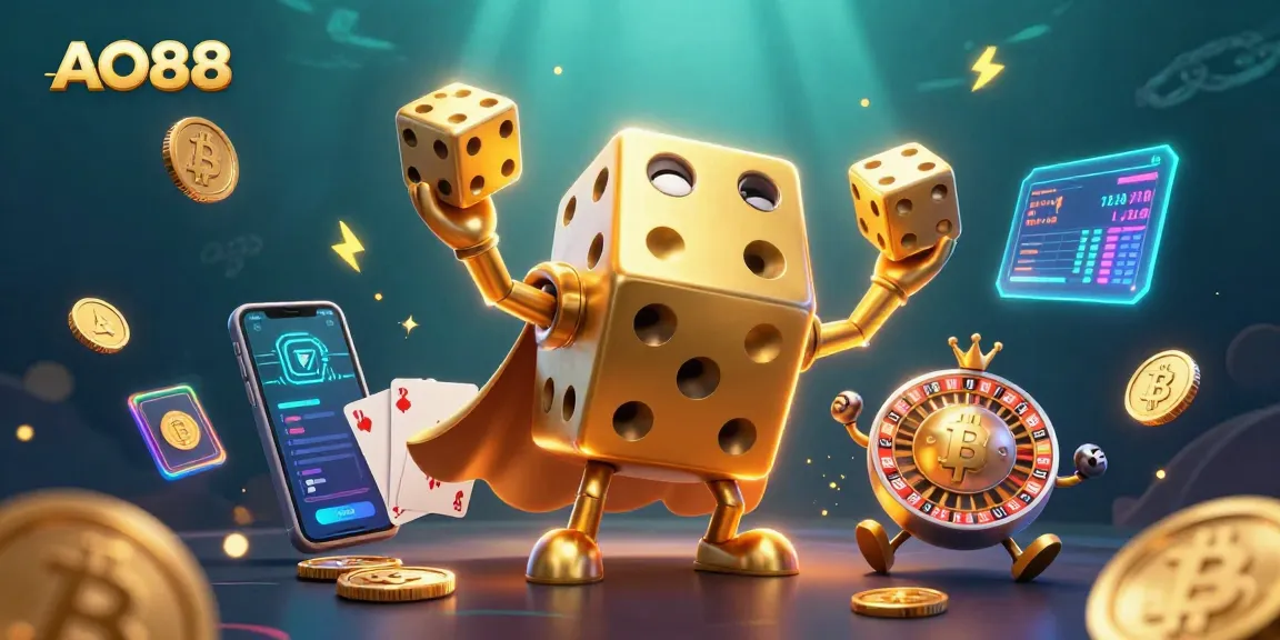 Experience excitement with AO88's golden dice golem and crypto-themed casino scene.