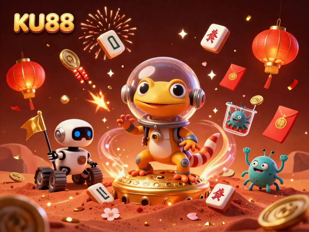 Engage in thrilling adventures with KU88, where a Martian gecko explores a golden casino under alien celebration.