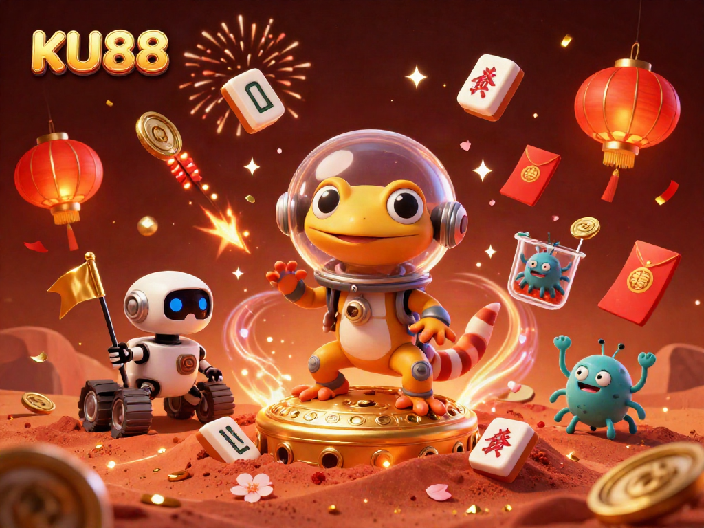 Engage in thrilling adventures with KU88, where a Martian gecko explores a golden casino under alien celebration.