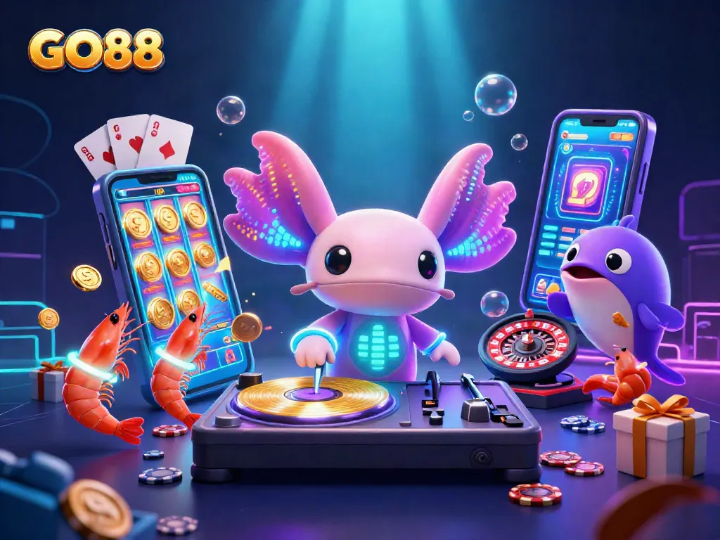 Join the fun at GO88 with our dynamic and colorful casino scene featuring lively characters and engaging game elements.