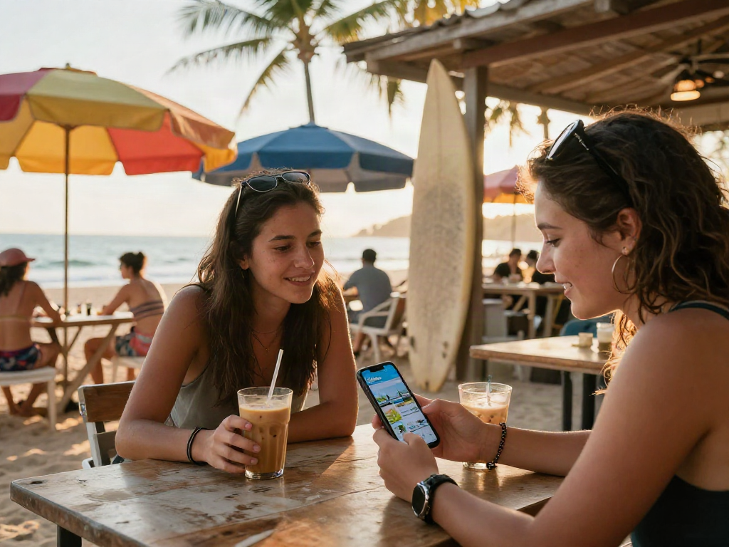 Friends enjoying conversation at a café, exploring rokok88 alternatif travel options in a beach setting.