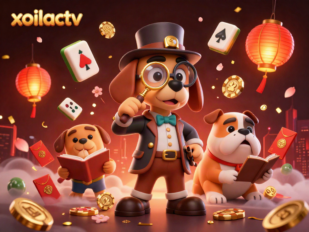 Xoilactv showcases a 3D detective bloodhound examining poker clues in a vibrant casino scene.
