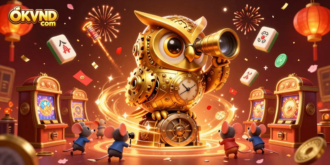Engage with OKVND com in this vibrant casino scene featuring a golden owl and lively gaming elements.