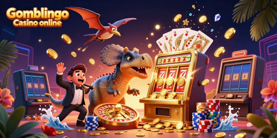 Holen Sie sich die Jackpotgewinne im Gomblingo Casino online mit einer dynamischen Illustration von Dinosauriern und Casino-Elementen.