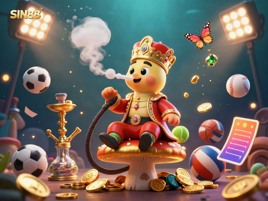 SIN88 offers vibrant gaming experiences with an enchanted caterpillar amidst flying sports balls.