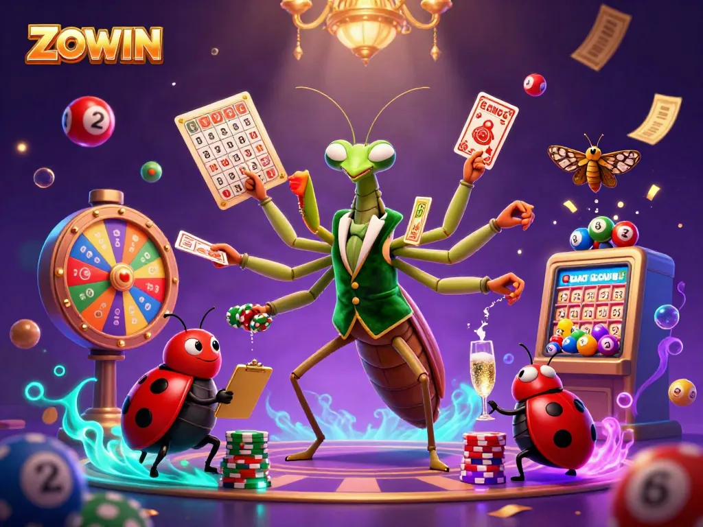 ZOWIN online gaming scene featuring a giant mantis, ladybug pit boss, and colorful lottery elements.