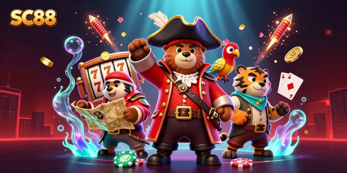 Experience SC88 online gaming thrills with cartoon characters in a vibrant casino scene.