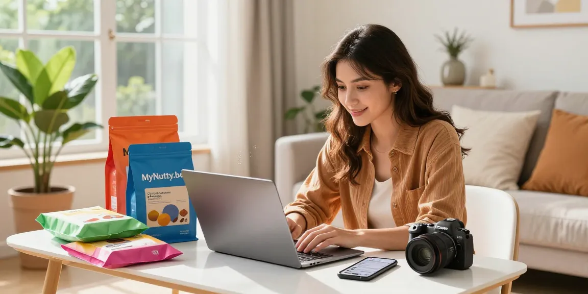 Stylische Frau, die auf MyNutty.be online einkauft, umgeben von bunten Paketen in einem hellen Wohnzimmer.