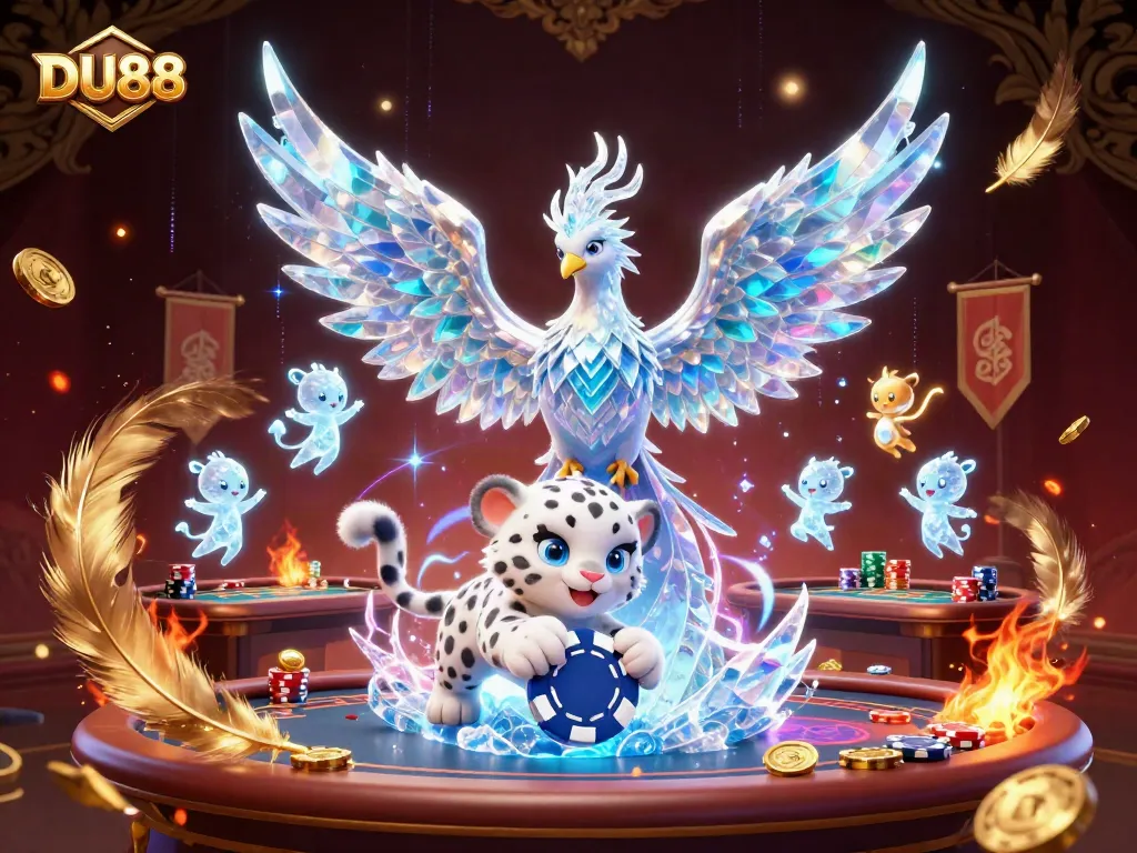 Play at DU88 with an ice phoenix and glowing sprites amidst a vibrant casino scene