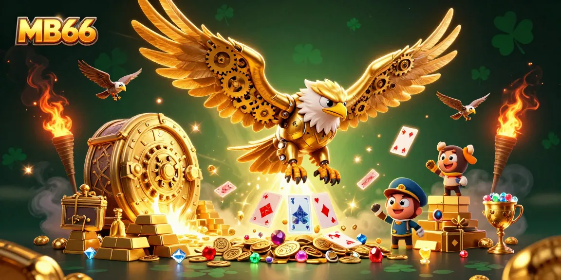 Experience high-stakes action at MB66 with a dynamic scene of a diving eagle and poker cards.