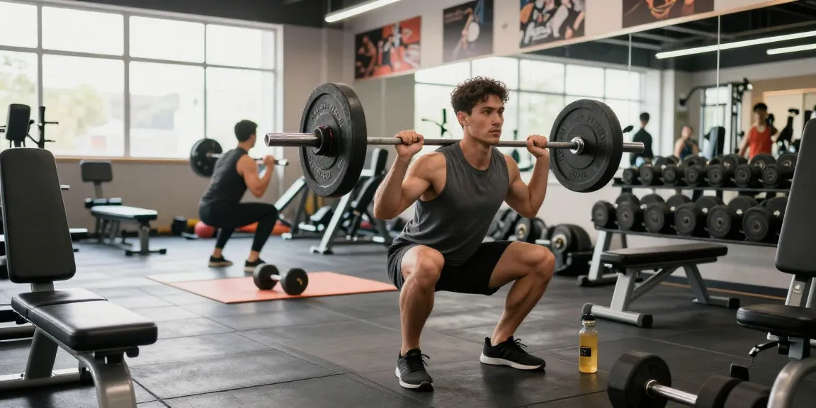 Anabolika-Shop - Bodybuilder-Training mit Gewichten in modernem Fitnessstudio, das Hingabe und Stärke zeigt.