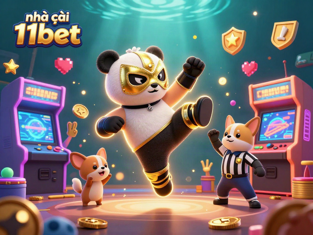 Engage with nhà cái 11bet in a vibrant 3D casino scene featuring a panda wrestler and a chihuahua referee, celebrating game wins!