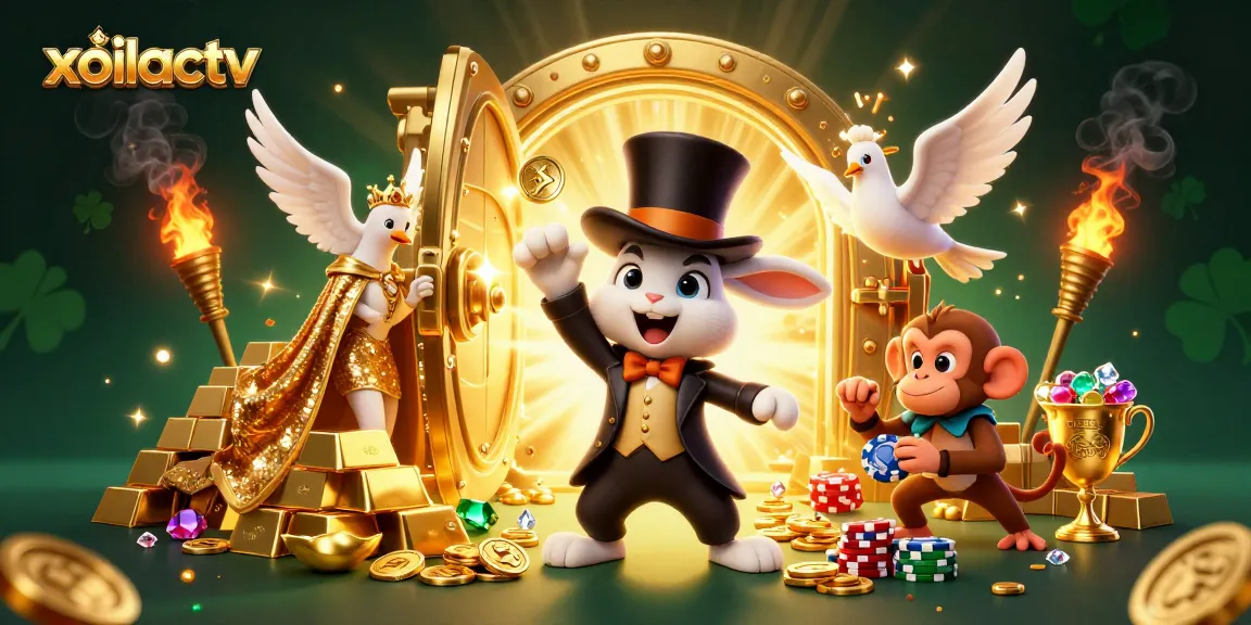 Experience the magic of xoilactv with a dynamic scene featuring a magician rabbit, sparkling coins, and interactive casino elements.