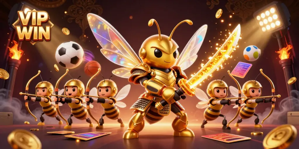 Engage in thrilling gameplay at VIP WIN with a dynamic scene featuring a golden hornet and bee archers.